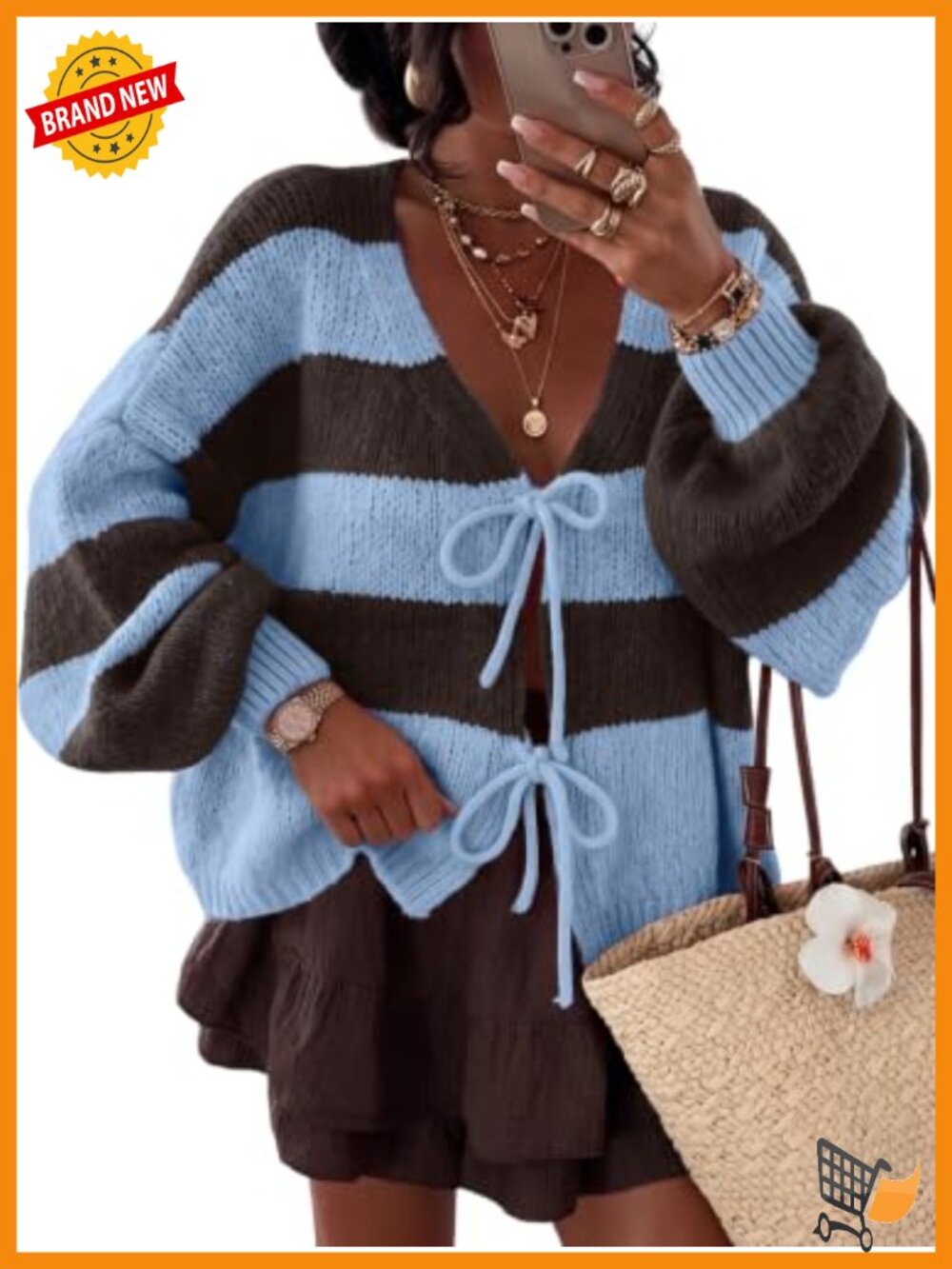 Women's Oversized Chunky Knit V-Neck Ribbed Knit Striped Long Sleeve Bow Detail